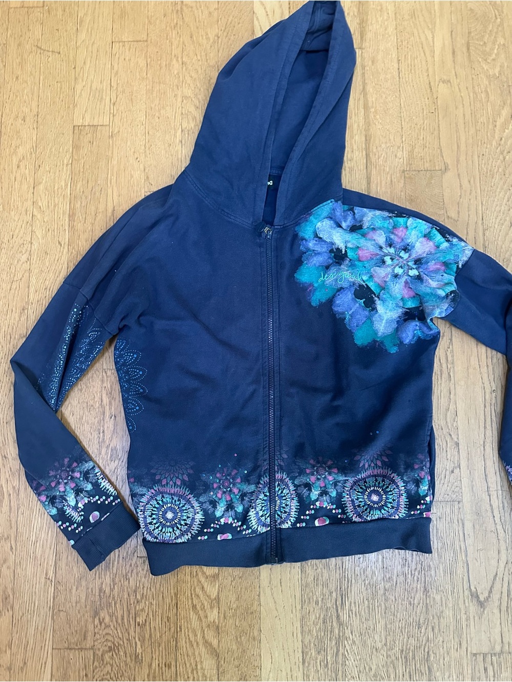 Desigual Navy Blue Floral Zip Hoodie age 13-14
